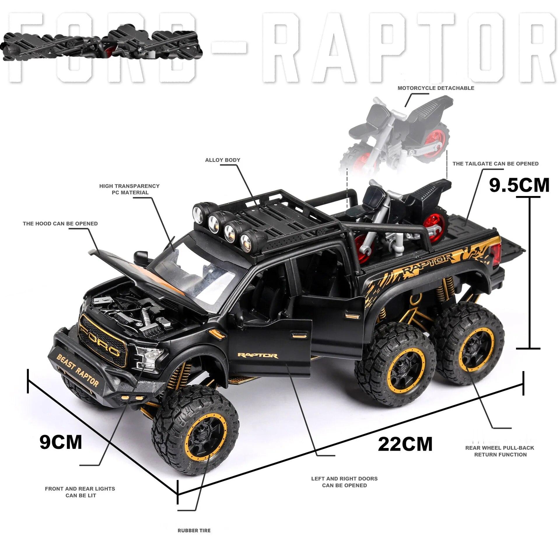 

1:24 масштаба, технический RAPTOR, модель автомобиля из сплава, литой автомобиль, внедорожник, игрушки для мальчиков, подарок на день рождения, детские игрушки, коллекция автомобилей