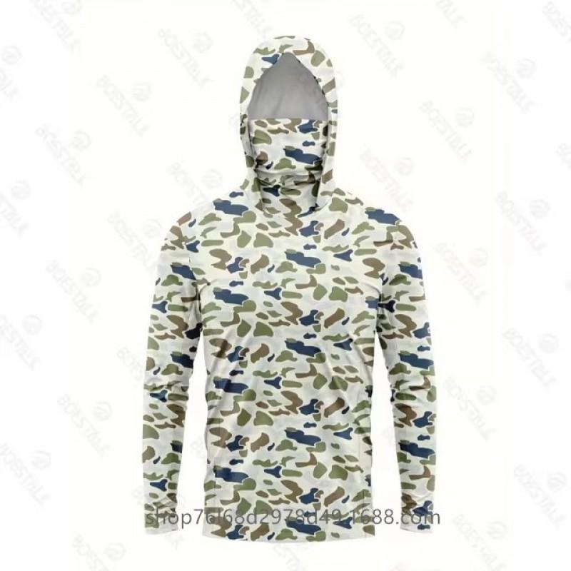 Mens Quick-Dry Ice Silk Long Sleeve Fishing Shirt With Hood Integrated Face Cover UV Protection Outdoor Sunproof Apparel
