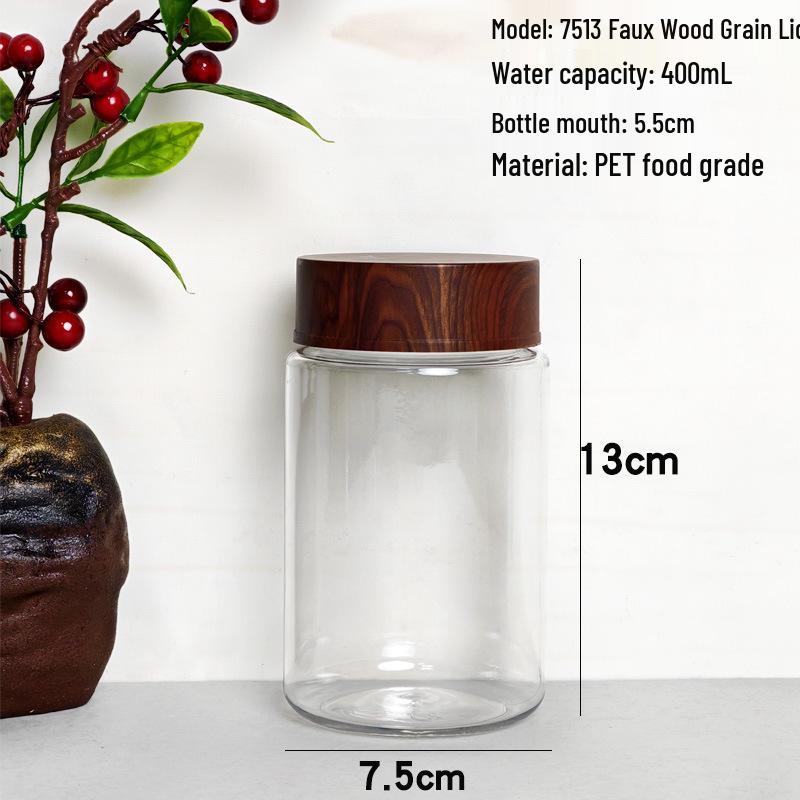 PET Plastic Storage Jar with Imitation Wood Grain Lid, High Transparency, Food Grade for Medicine, Herbs, Tea, Flowers, Grains, and Nuts.