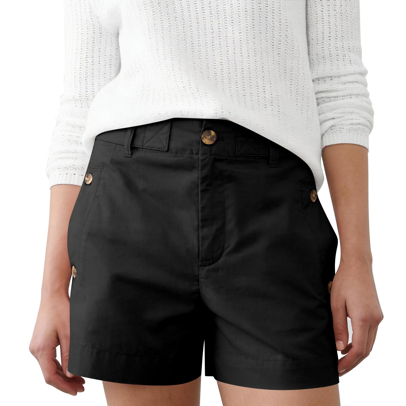 

Women Classic Fit Mid Rise Chino Shorts with Button Detailing and Functional Pockets for Everyday Wear L чёрный