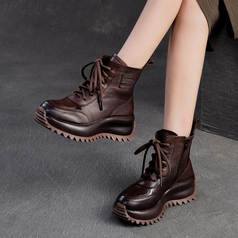 Fashion GKTINOO Handmade Woman Genuine Leather Sneakers Thick Soled Short Boots Height Increasing British style Platform Women's Booties