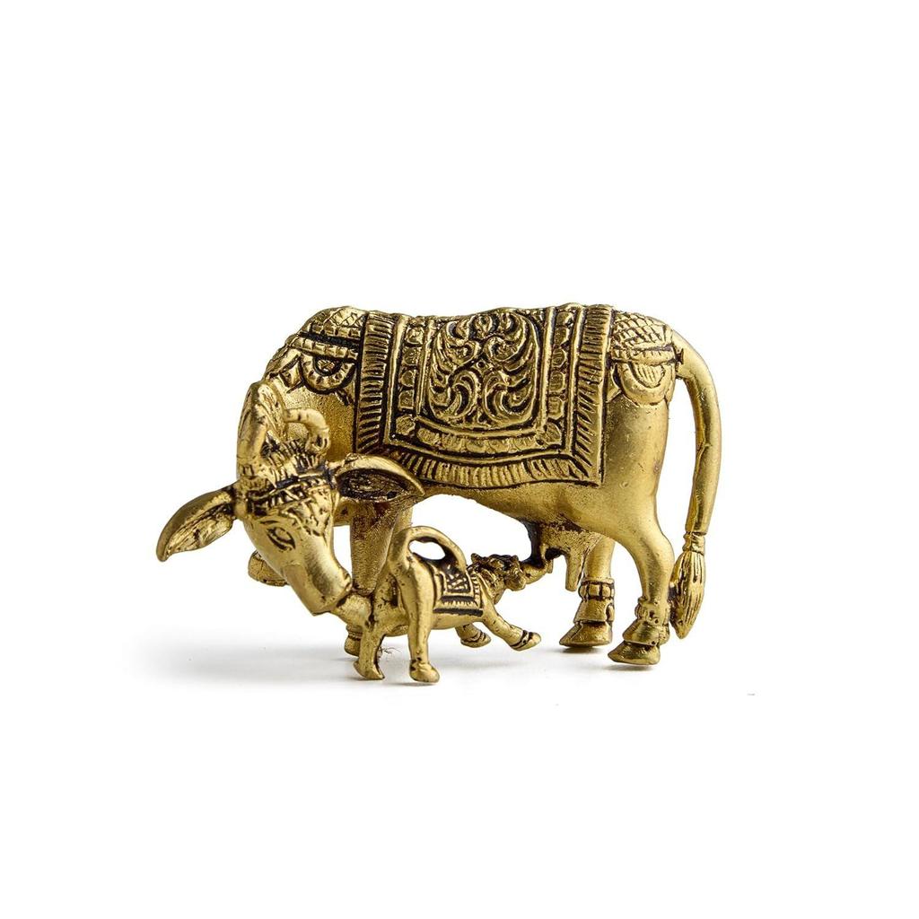 Brass Kamadhenu Kamdhenu Cow with Calf Idol, Small 2" Murti, Vastu Decor for Wealth, Health, Peace & Happiness Detailing & Light Weight