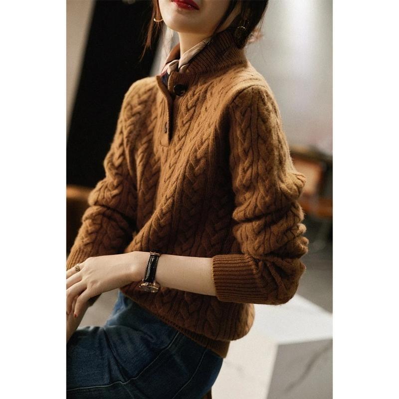 Pull en tricot, Col montant, Revers semi-ouvert, Texture torsadée, Cachemire pur, Baseball, Élégant