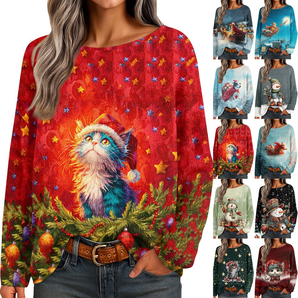 Womens  Fall Sweaters Long Sleeve Print Tops Pullover Sweaters Loose Dressy Casual Basic Clothes