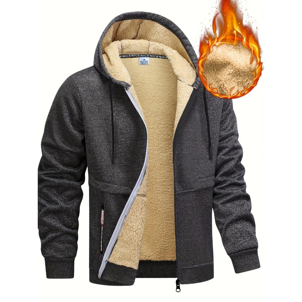 Geacă cu glugă căptușită confortabilă pentru bărbați - Casual, culoare uni albastru, cu fermoar, glugă cu șnur, buzunar cu fermoar și închidere cu nasturi în față, îmbrăcăminte cu textură moale