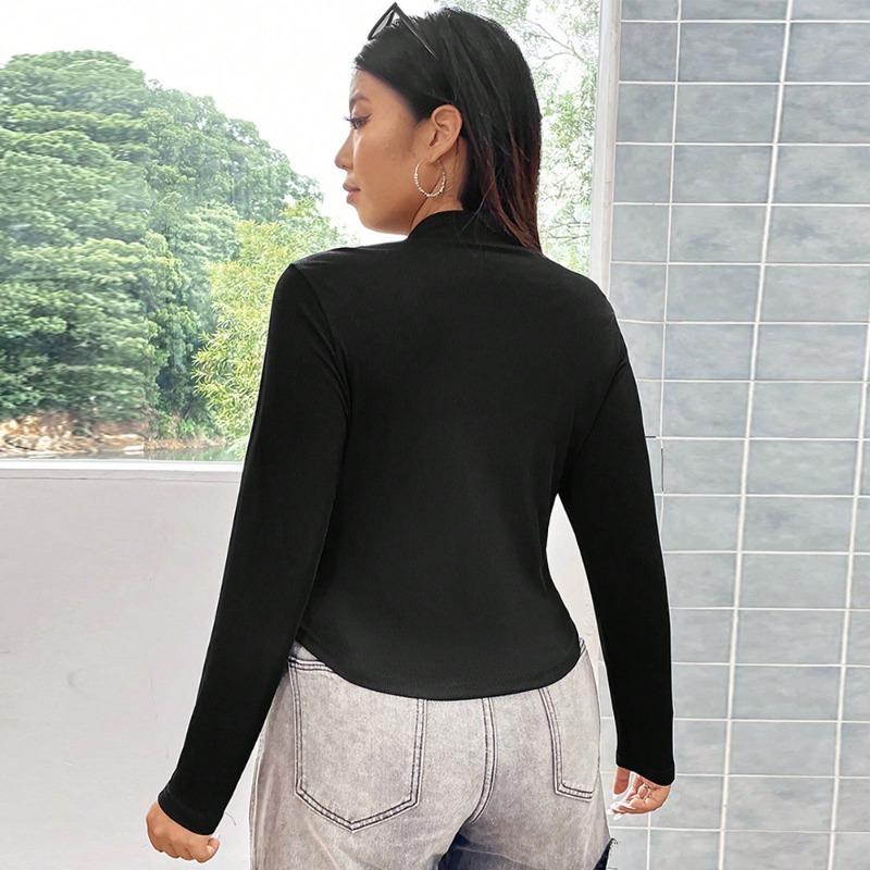 Plus Size Women Solid Color Zipper Long Sleeve Slim Fit Cropped T Shirt