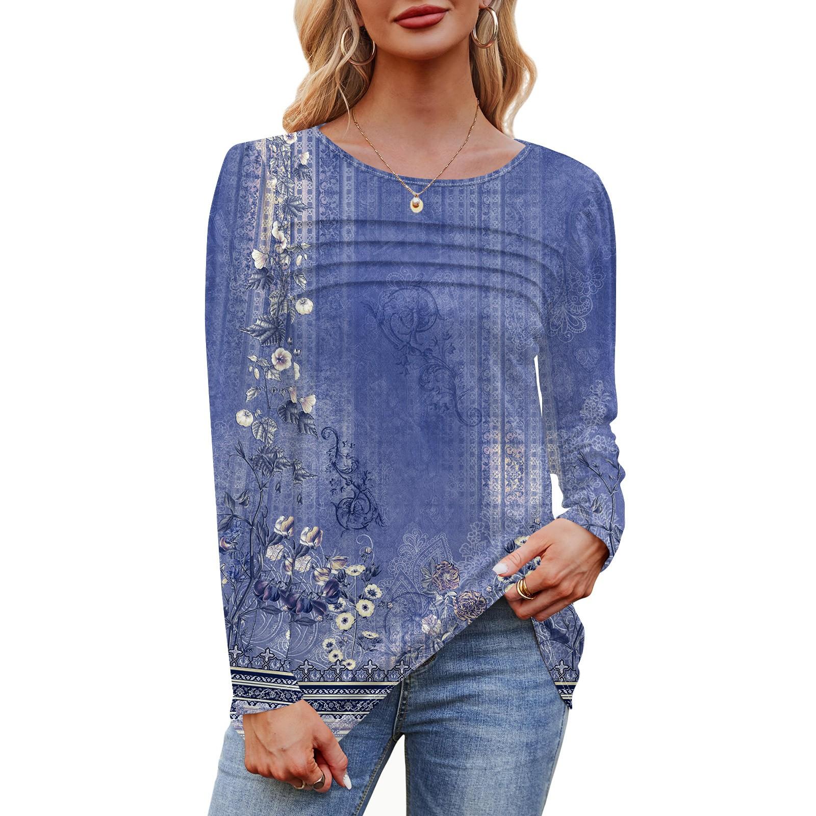 

Женский свободный повседневный топ с круглым вырезом и длинными рукавами, модный топ L синий