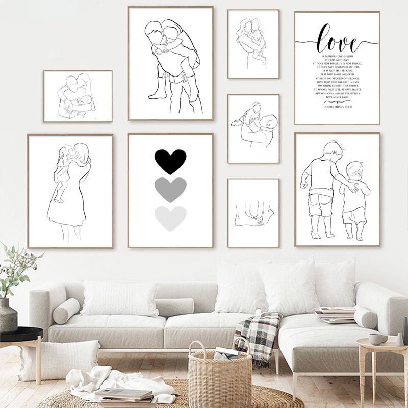 Abstract Black And White Line Love Family Wall Art Canvas Painting Nordic Posters And Prints Wall Picture For Living Room Decor