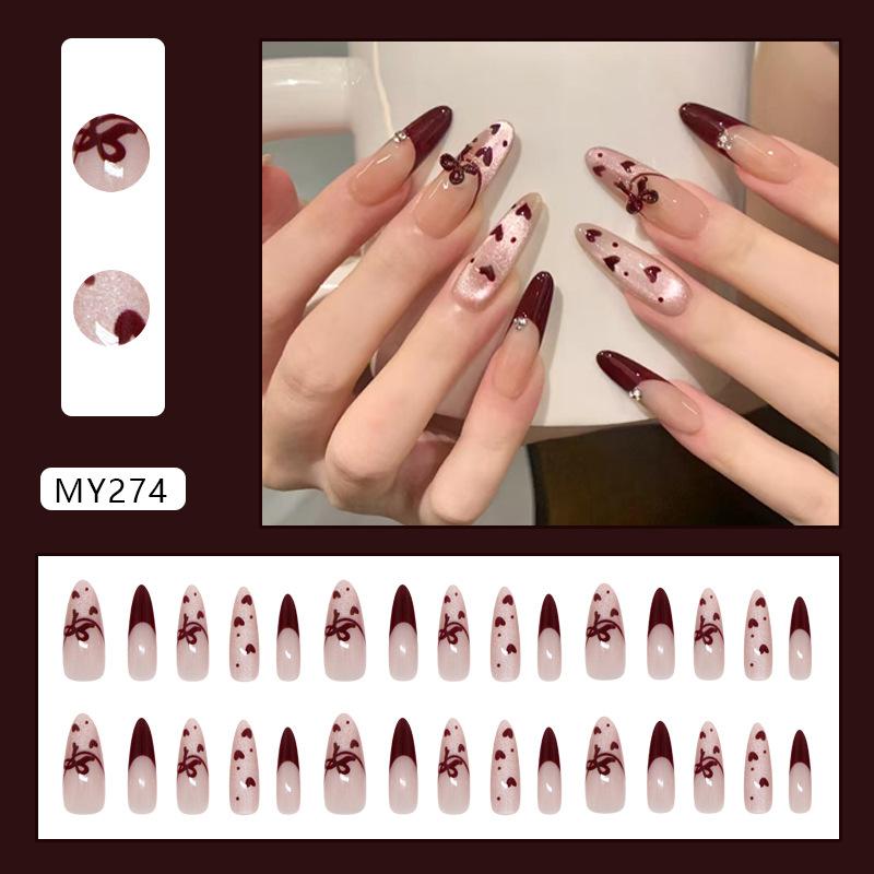 Насыщенная любовная линия французский кошачий глаз бантик нежный девичий съемный маникюр 30 штук