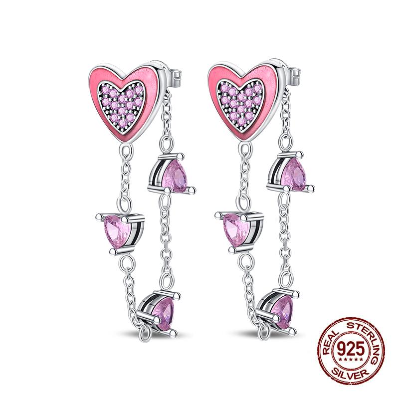 New Earring For Women 925 Silver Sparkling Cordate Zircon Pink Bow Princess Double Hoop Earrings Luxury Festival Party Jewelry