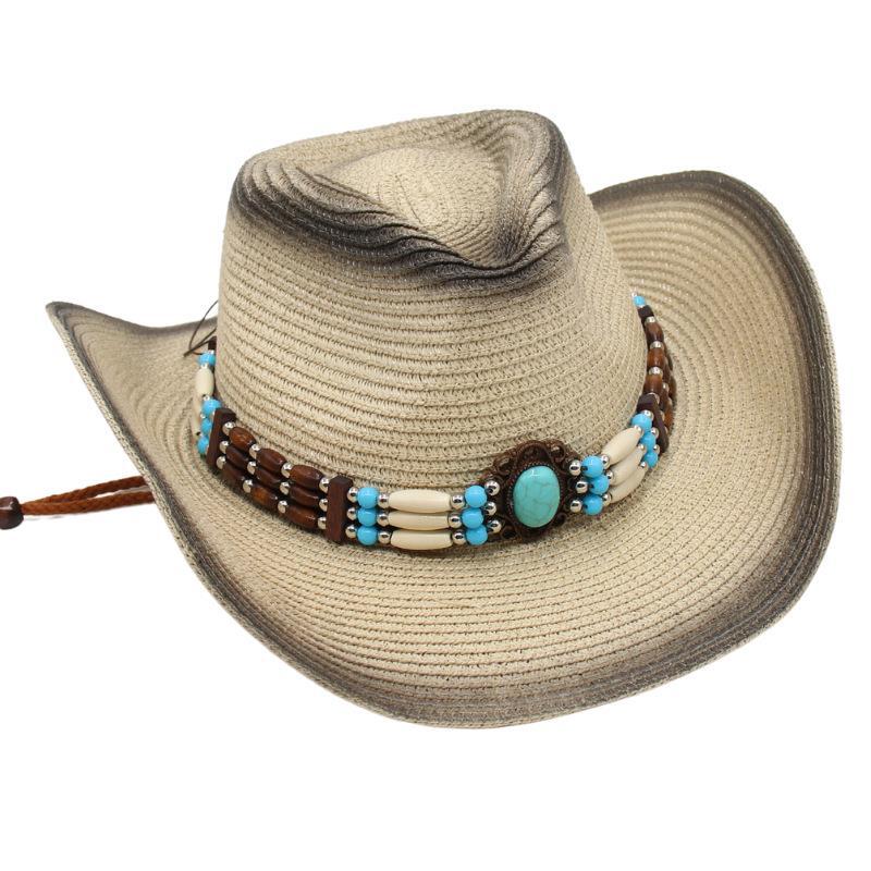 Gem Western Cowboy Straw Hat Seaside Sunscreen Sun Hat Ethnic Breathable Hand Woven Beach Hat