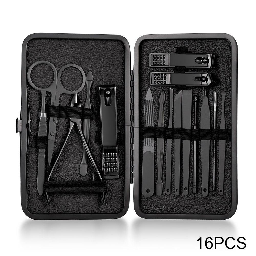 7/10/12/16/18Pcs Black Manicure Set Nail Clippers Hand Foot Face Care Stainless Steel Accessories Stainless Steel