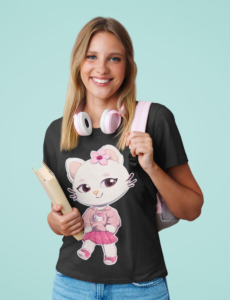 Bio Baumwolle Damen T-Shirt Oversize Miau Kitty Schleife Cat Spruch Mütze Süße