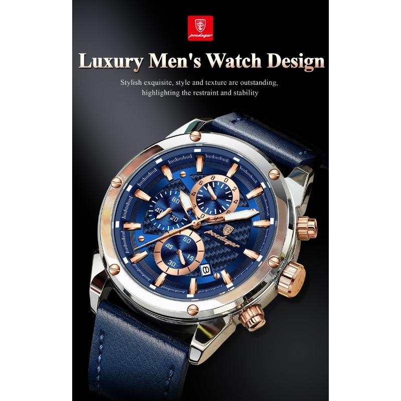 POEDAGAR Business Man Watch Waterproof Luminous Chronograph Date Original Watches for Men Leather Luxury Quartz Wristwatch