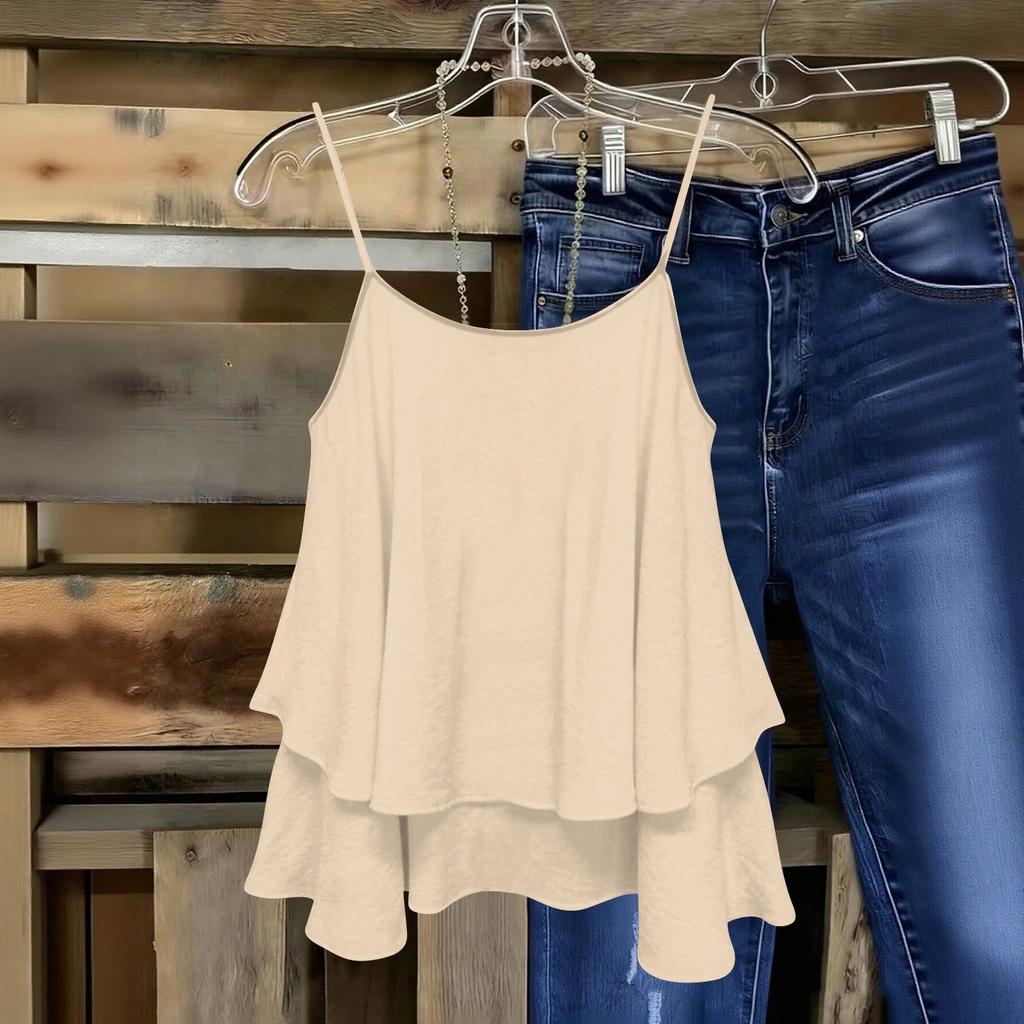 Women Sleeveless Double Layer Camisole Top Solid Color Strap Summer Casual Loose Fit Lightweight Blouse