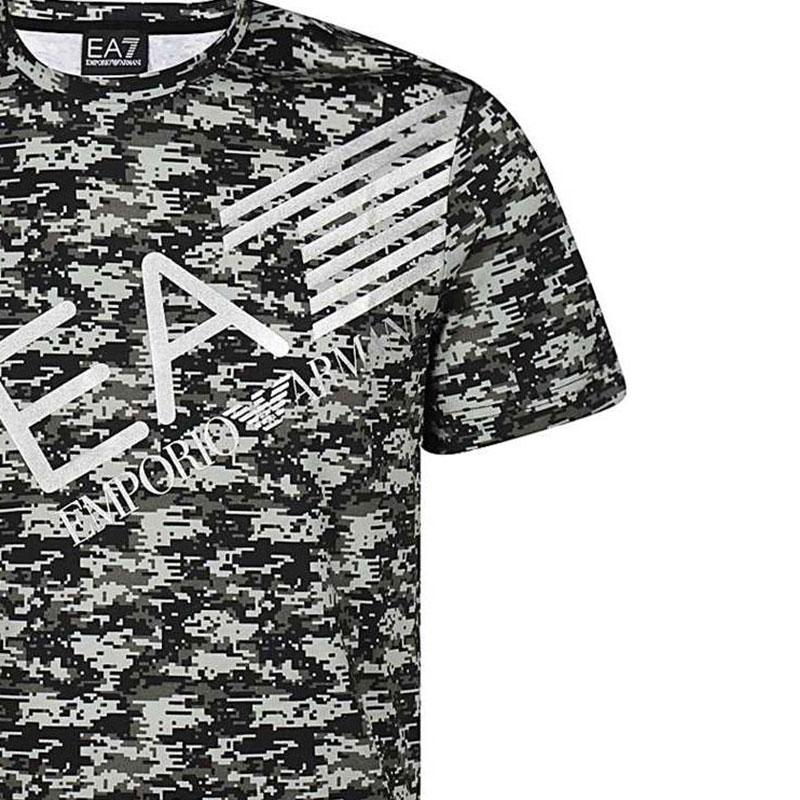 Emporio Armani EA7 Camouflage Print Letter Grafik Rundhals Kurzarm T-Shirt Herren Oberteile Grau-Grün 6HPT35-PJ7CZ-2806