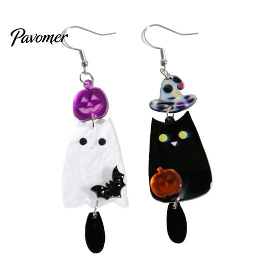 Lightweight Acrylic Statement Earrings 1 Pair Halloween Earrings, Black White Ghost Drop Dangle with Daily Wear Ear Hooks Witch Hat Bat Pumpkin,