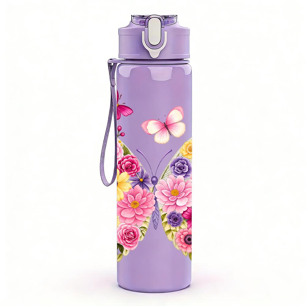 1PC Multi Pink Butterfly Bouquet 750ml Color Plastic Sports Water Bottle Leakproof Flip Straw Lid Suitable for Sports Office Home Use