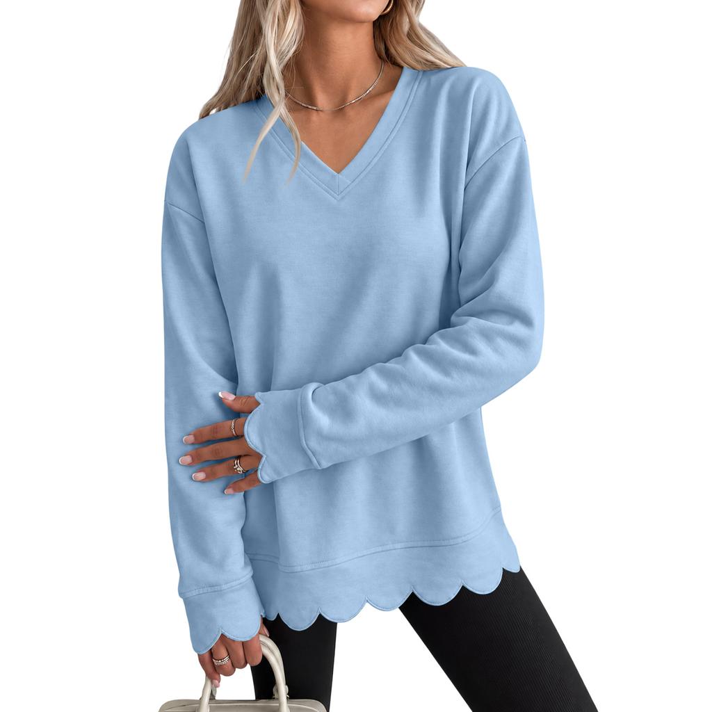 Damen-Sweatshirt mit Muschelsaum und Wellensaum, Rundhalsausschnitt, Lockere Passform, Drop-Shoulder-Ärmel, Pullover-Top für Freizeitkleidung