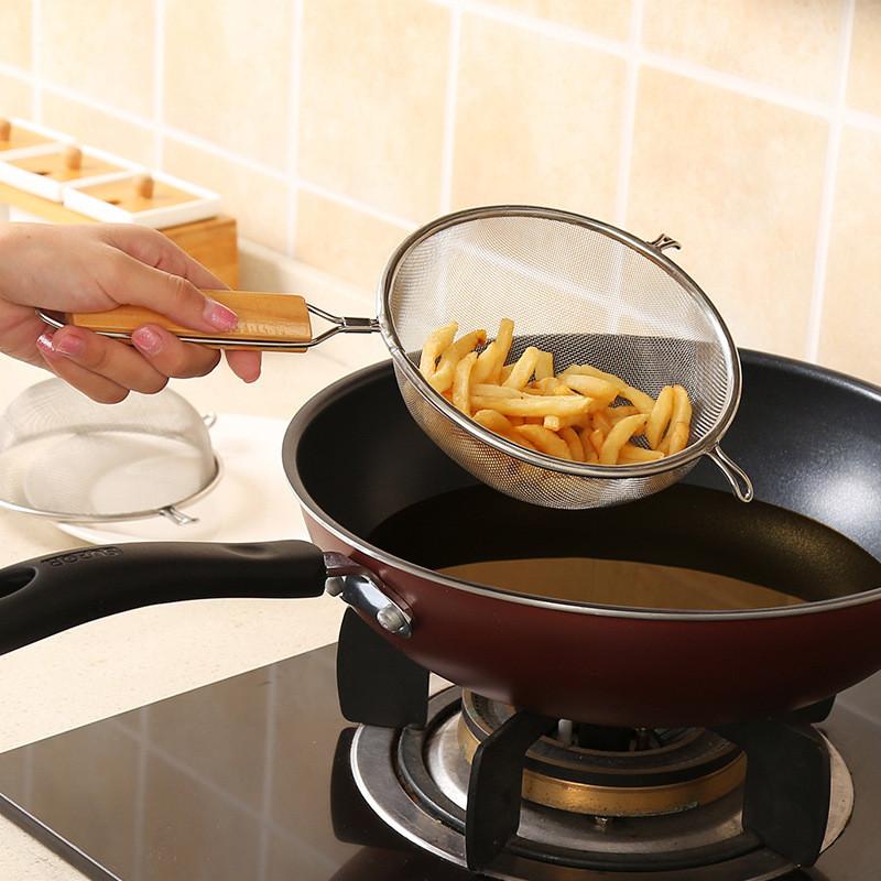 304 Stainless Steel Double Ear Colander Wooden Handle Skimming Spoon Juice Filter Fine Mesh Strainer Kitchen Accessories