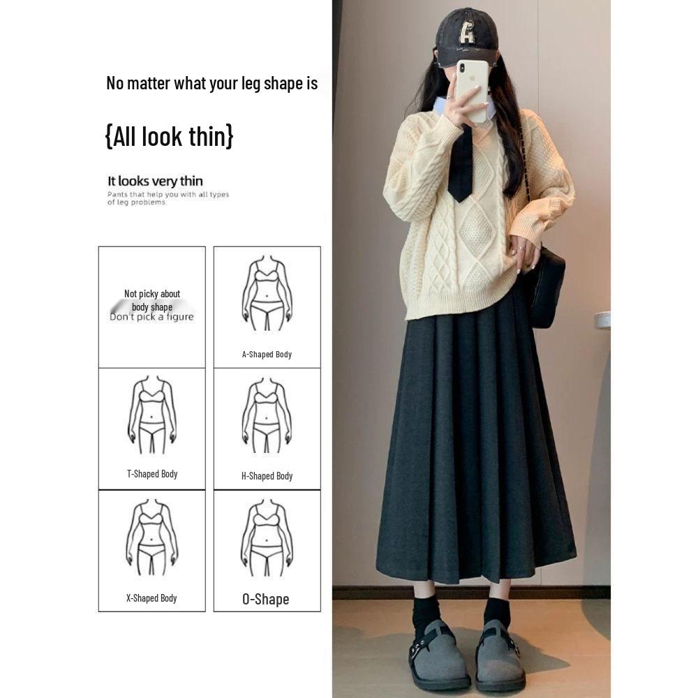 2024 New High Waist Black Woolen Pleated Midi Skirt for Autumn/Winter