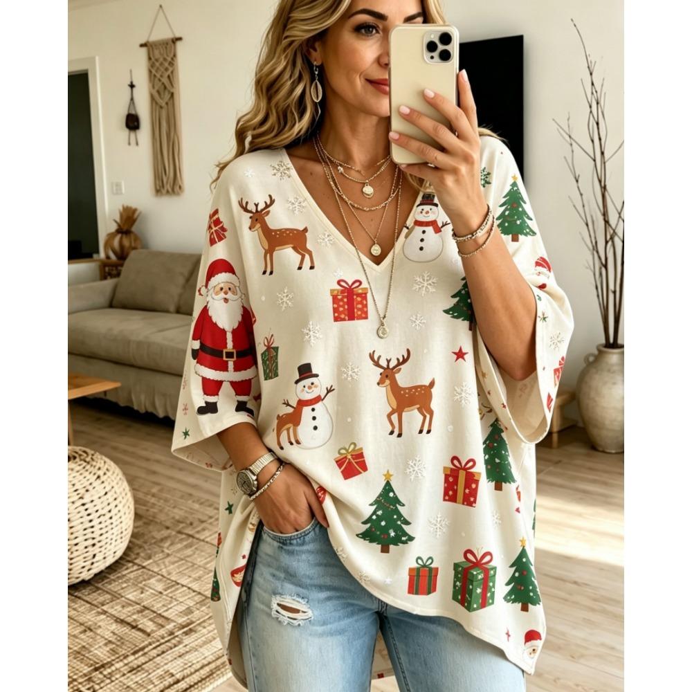 Halloween Printed T-shirt, Pumpkin Lantern Ghost T-shirt, Plus Size Women's V-neck Bat Sleeve Seven Quarter Sleeve Casual Top