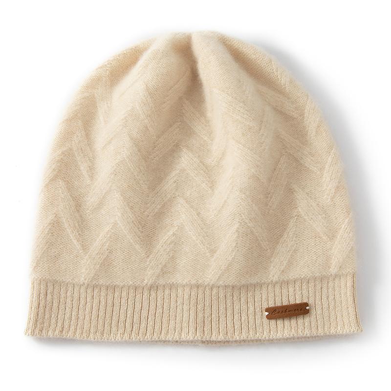 Women 100% Pure Cashmere Knit Beanie Hat Grid Pattern Winter Warm Soft Cozy Headwear Casual Cap Cold Weather Accessory