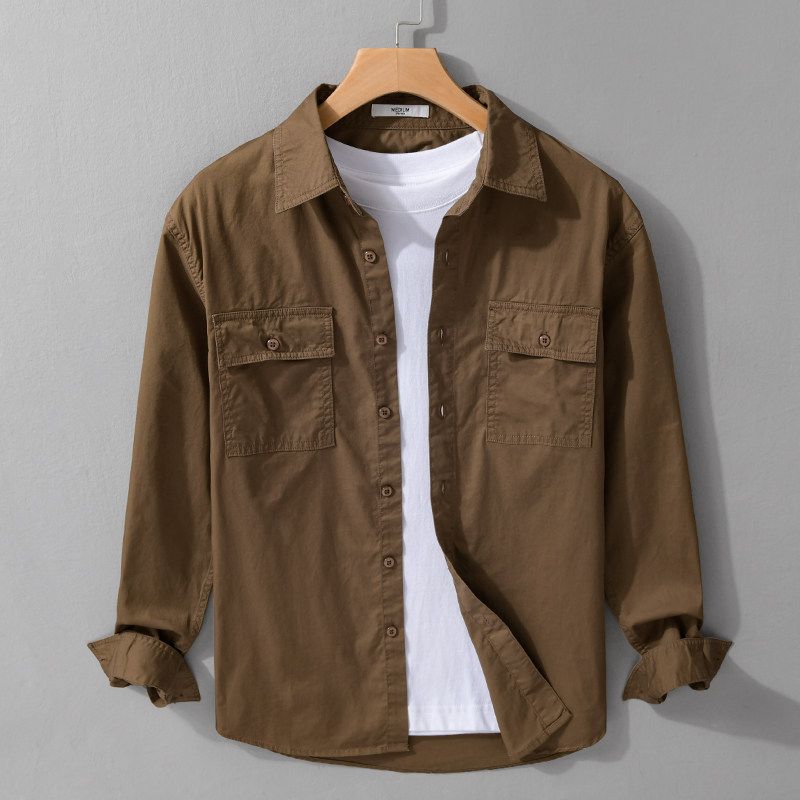 Spring & Fall Work Clothing Casual Overshirt Double Pocket Youth Pure Color Tough Guy Men Long Sleeves Shirt Japanese Style Tooling Style
