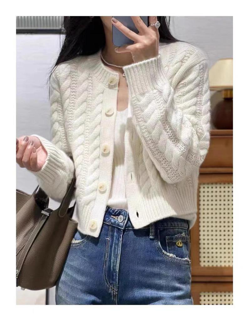 Women's Autumn Wool Cardigan - Round Neck Twist Knit Sweater, Solid Color Loose Fit