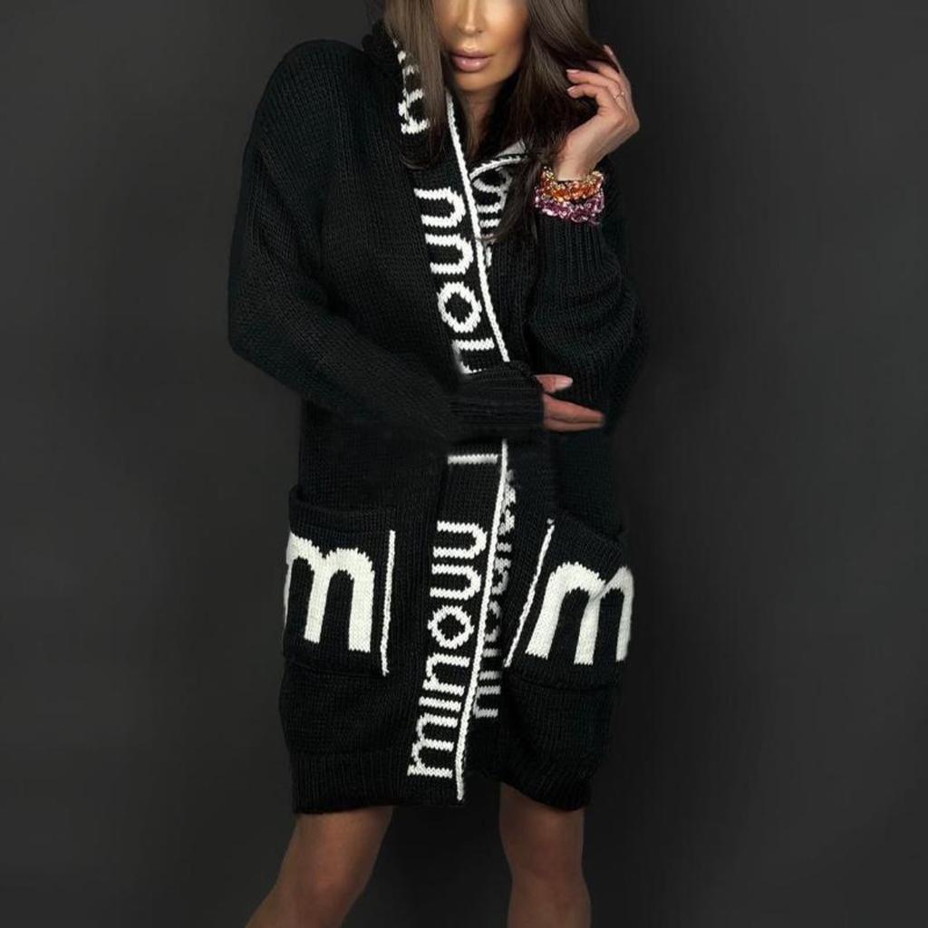 Cappotto lavorato a maglia maglione da donna con monogramma cardigan lungo con cappuccio