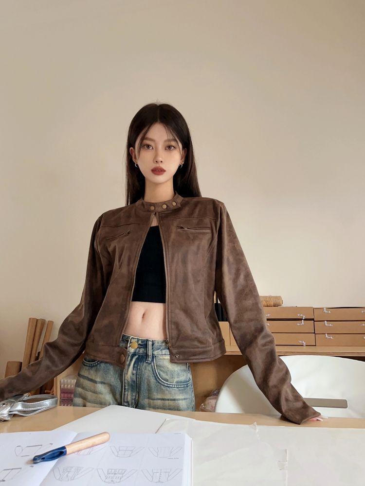 American Retro Distressed Coffee Brown PU Leather Short Jacket - Spring 2025 Hot Girl Stand Collar Versatile Design.
