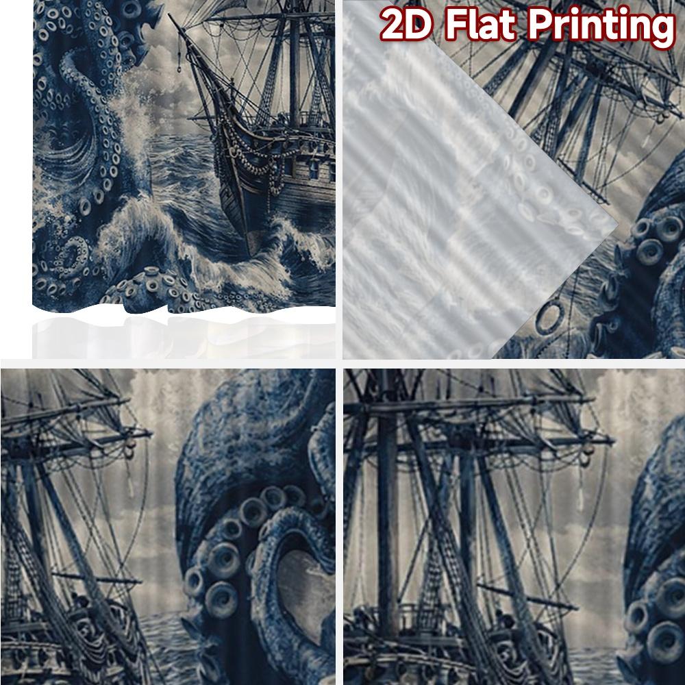 2D FLAT PRINTING 2pcs Curtains (Without Rod) Giant Octopus Surrounds Ship Pattern Modern Curtains Polyester Easy Install