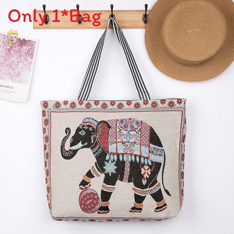 Elephant Hello Kitty Butterfly Embroidered Canvas Tote Bag With Seamed Stitching For Daily Use