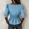 Women Puff Sleeve Smocked Waist Square Neck Blouse Ruffle Hem Solid Color Shirt Casual Top for Daily Wear