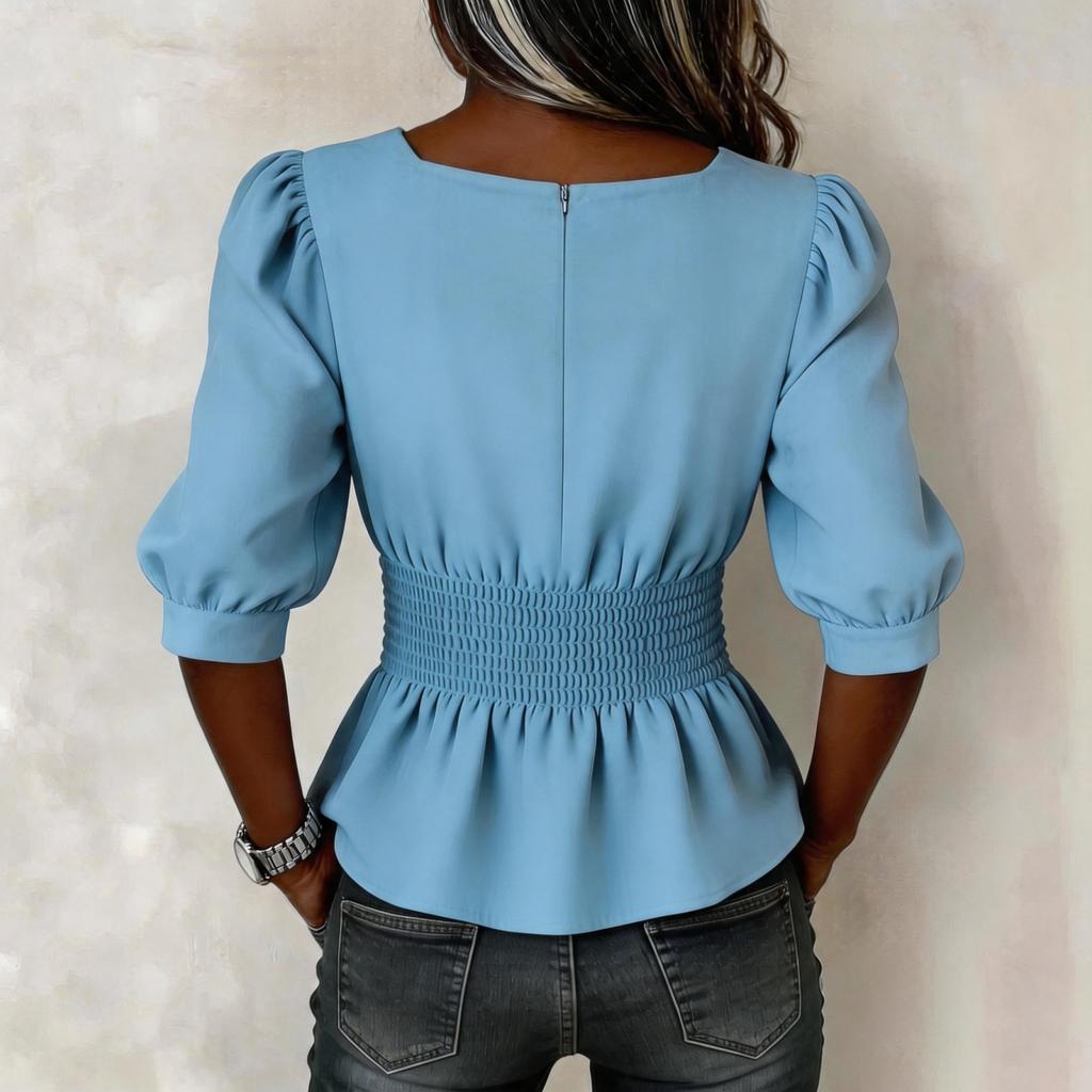 Women Puff Sleeve Smocked Waist Square Neck Blouse Ruffle Hem Solid Color Shirt Casual Top for Daily Wear
