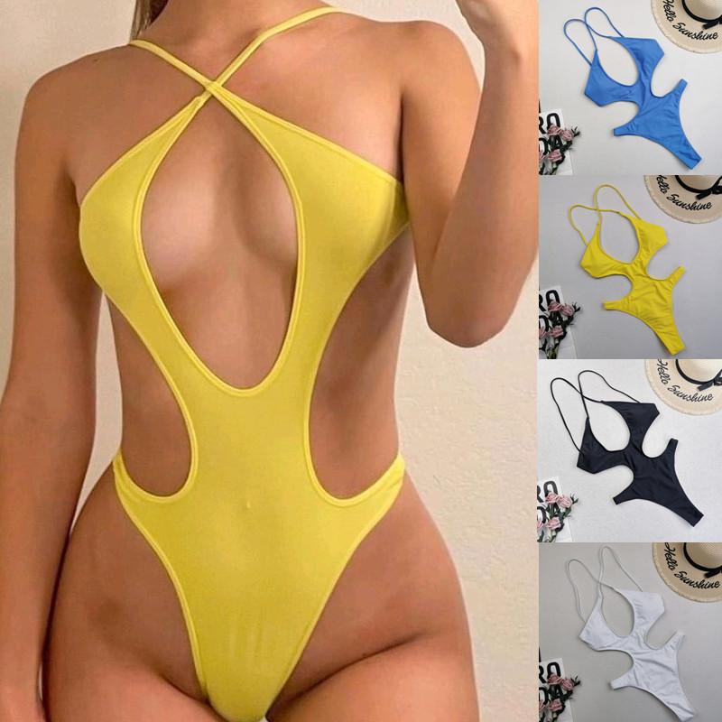 1011 new one-piece swimsuit European and American color sexy solid color hollow bikini bikini swimsuit