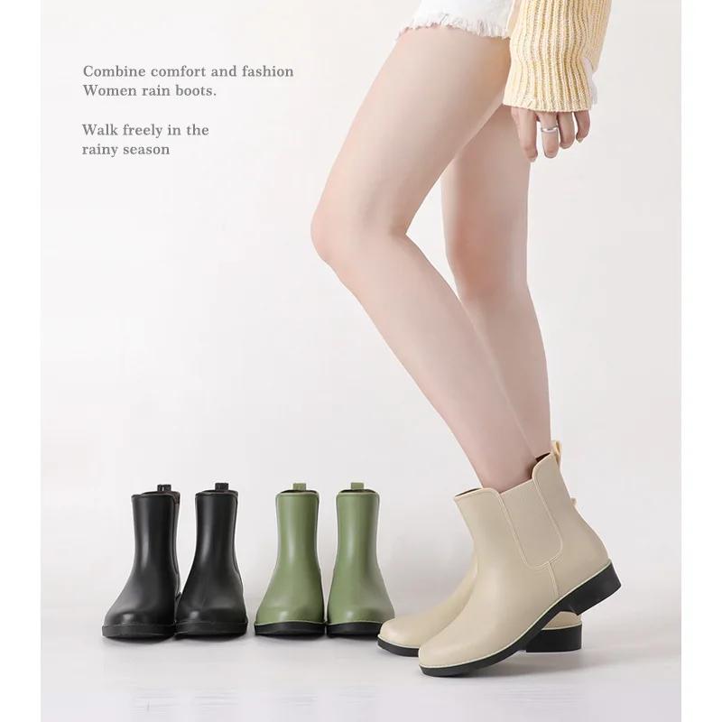 Booties Women Rain Boots Slip-on Waterproof Non-slip Rubber Shoes Adult Water Shoes 2024 New Fashion Chelsea Rainboots Woman