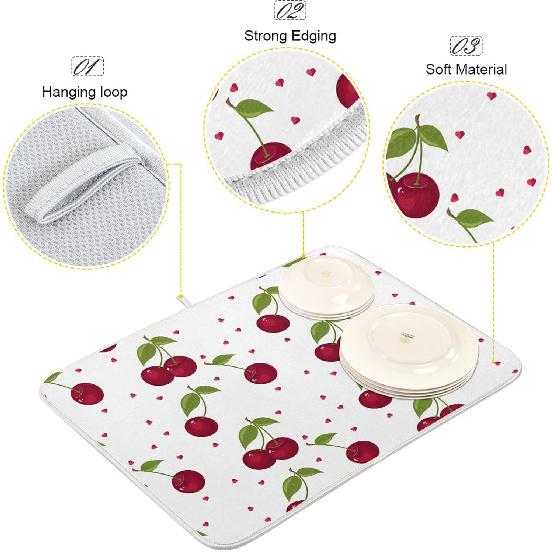 xigua Cute Cherry Fruit Dish Drying Mat for Kitchen Counter, Absorbent Microfiber Dishes Drainer Mats, Tableware Protector Dish Drying Pad 16x18in