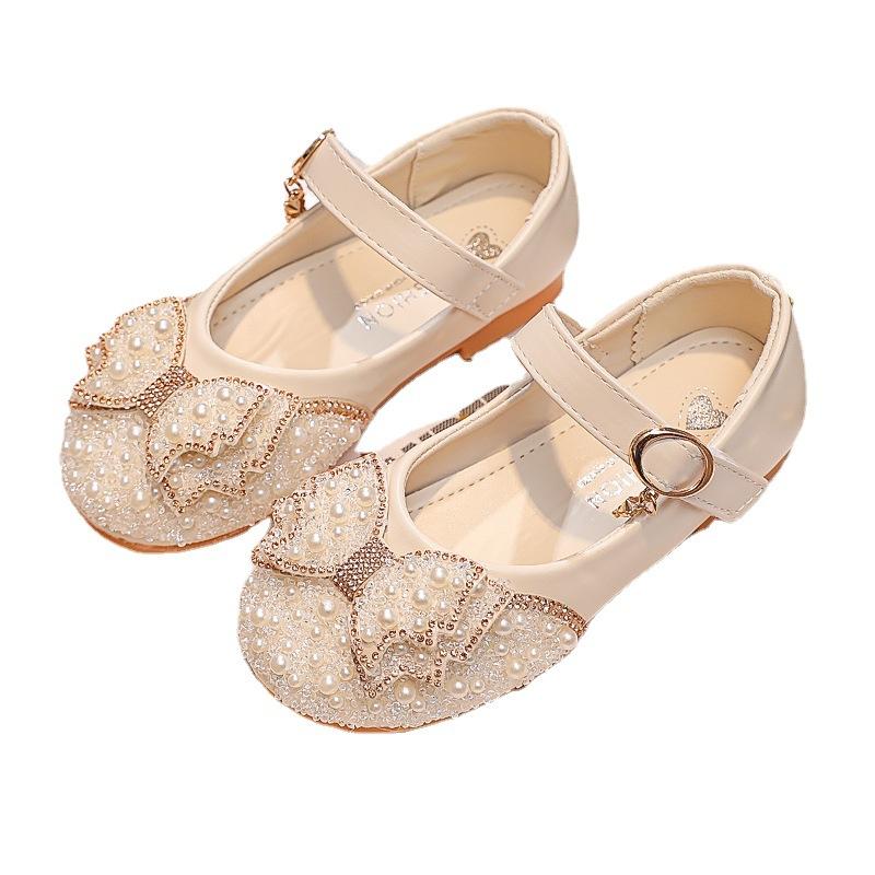 Girls' Leather Shoes with Bow, Shiny Rhinestones and Pearls, Fairy Princess Shoes, Stylish Children's Sequin Flats for Little Girls