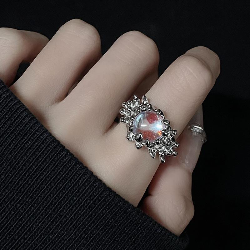 Moonstone French Fashion Exquisite Gemstone Open Ring Niche Design Personality High Sense Retro