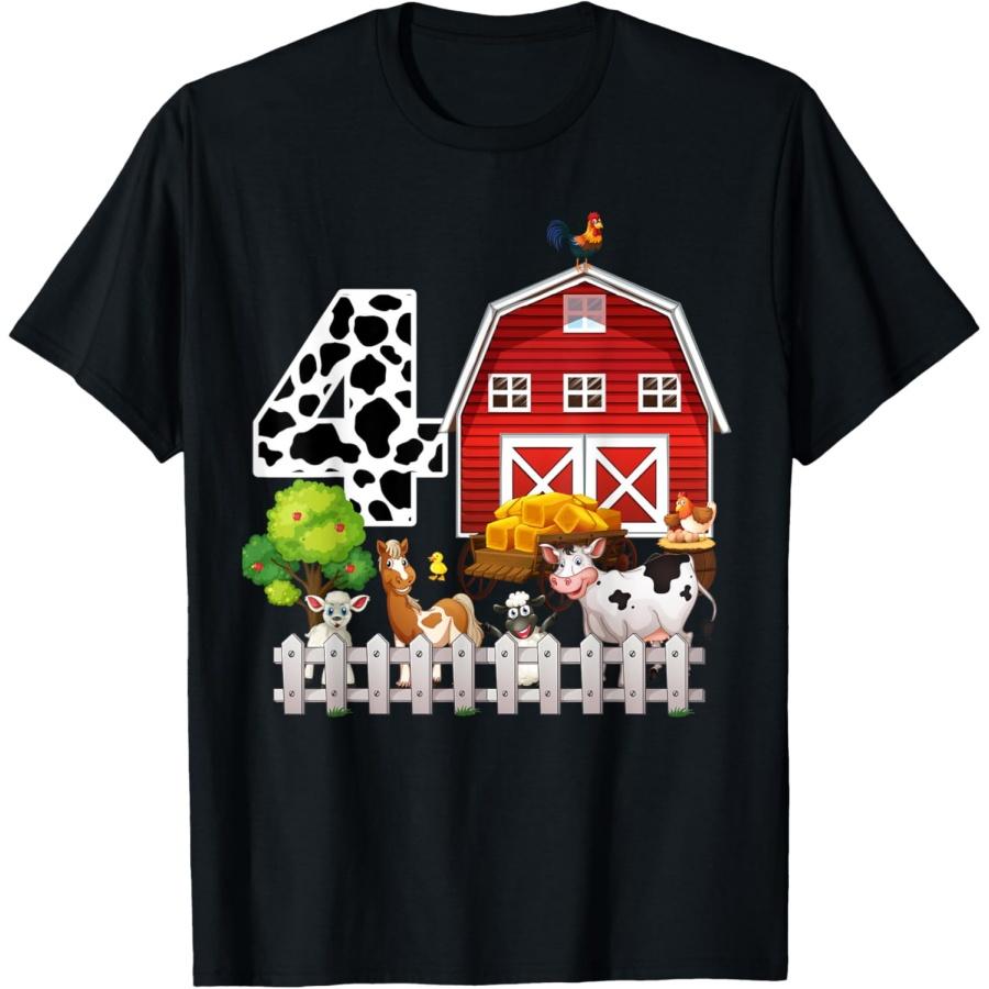 Farm Animals 4th Birthday 4 Year Old Birthday Kids Boy Girl T-Shirt S