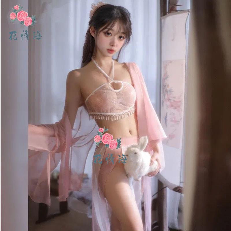 Pearl tassel Hanfu enchanting retro tulle perspective temptation belly pocket tied skirt exotic women