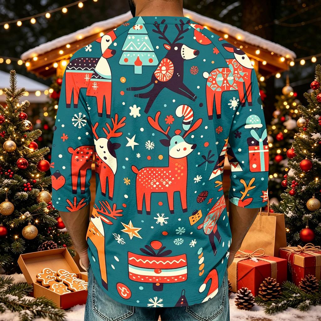Men's Casual Three-Quarter Sleeve Raglan Shirt with Christmas Print