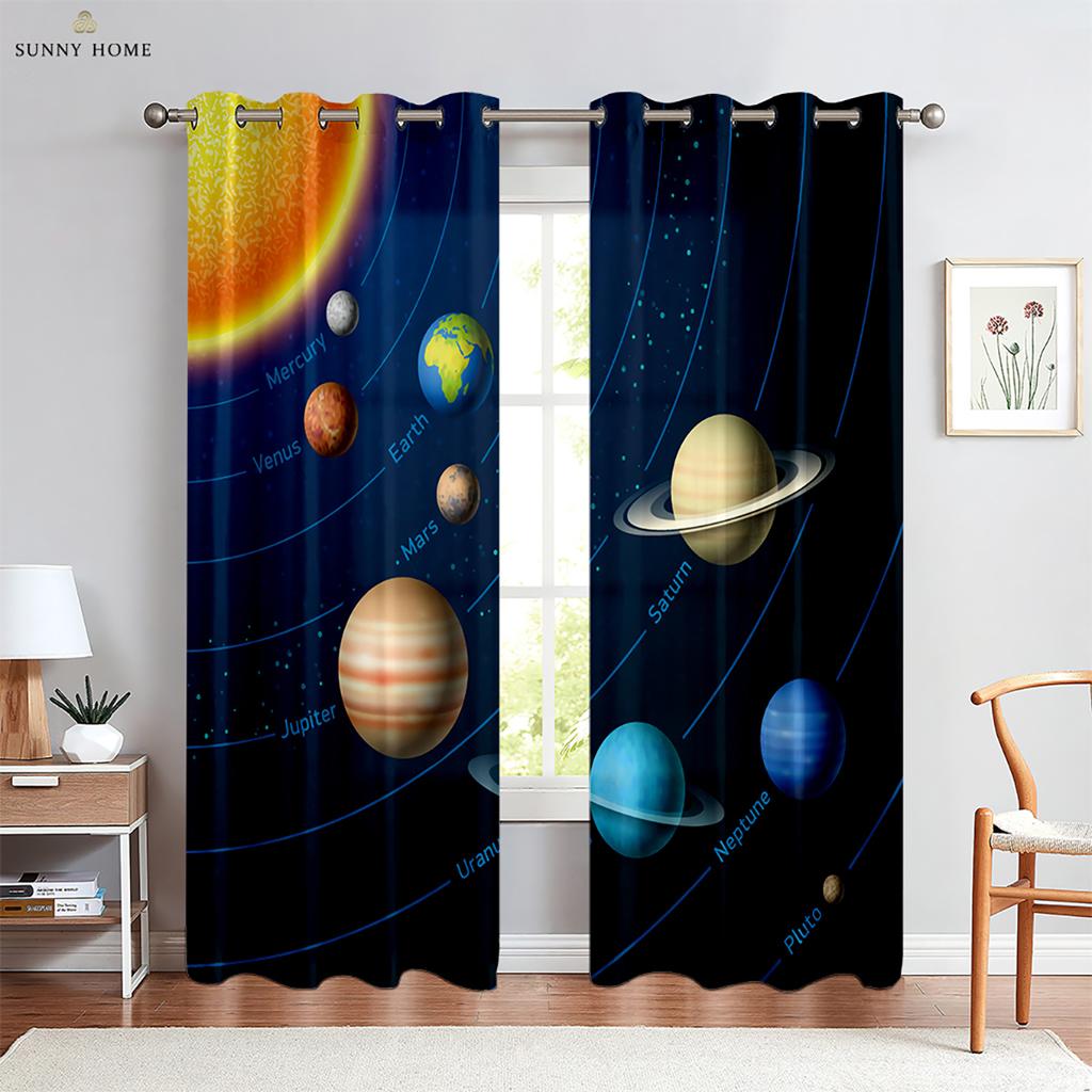 Cartoon Starry Sky Planet Curtains Children's Room Living Room Study Window Decoration Curtains Can Be Customized 2 Pieces