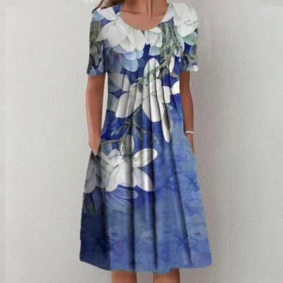 Damen Sommer Kurzarm Midi Kleid V-Ausschnitt Plissee Swing Kleid Boho Blumendruck