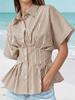 Womens Striped Button Down Shirt Short Sleeve Pleated Peplum Casual Blouse