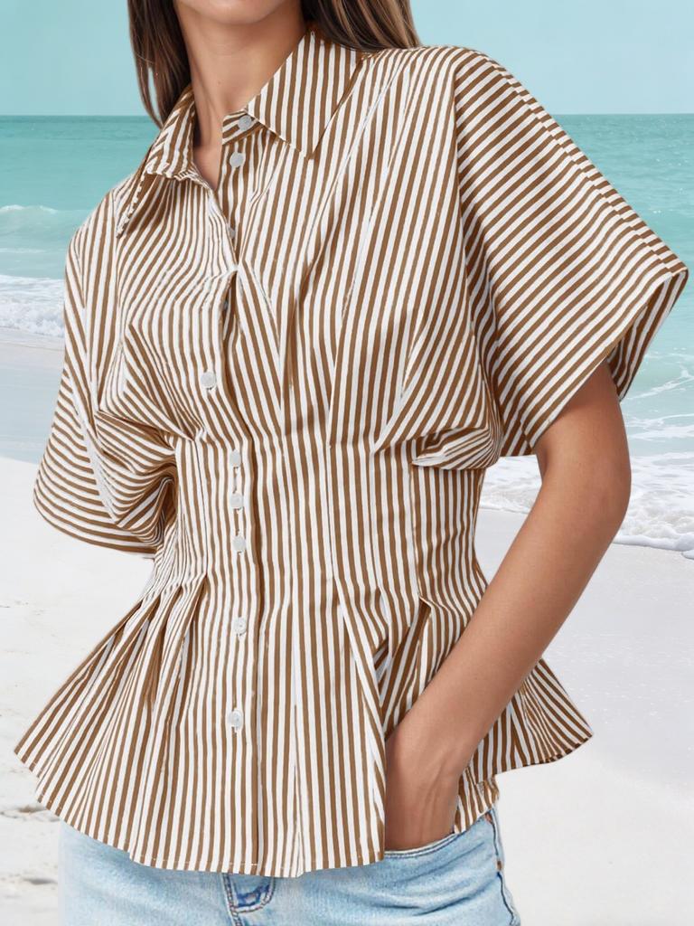 Womens Striped Button Down Shirt Short Sleeve Pleated Peplum Casual Blouse