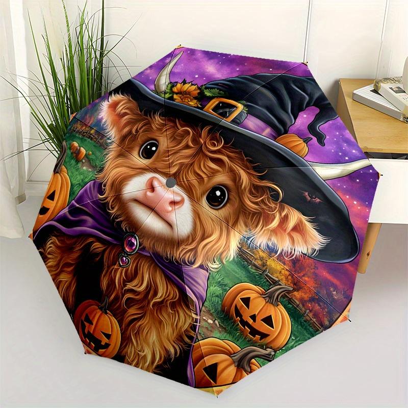 

1pc Halloween Highland Cow with Witch Hat Umbrella with Plastic Handle,Suitable for All Seasons Home Travel Outdoor UmbrellaB1635