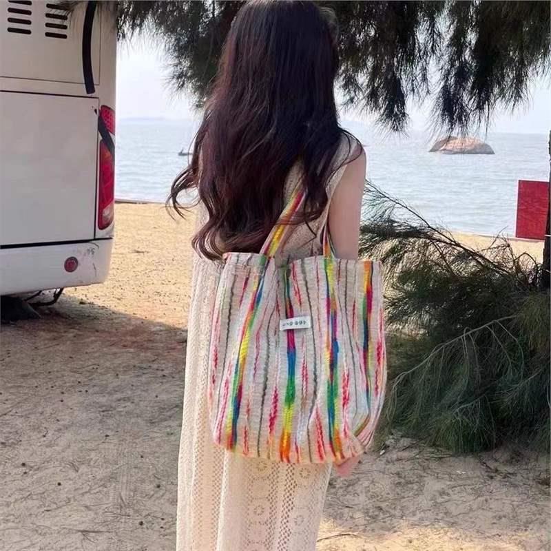 

Маленький Белый Кролик несколько дюймов ветровая радужная полосатая холщовая сумка тяжелая промышленная трехмерная вышивка сумка подмышкой большая вместительная сумка