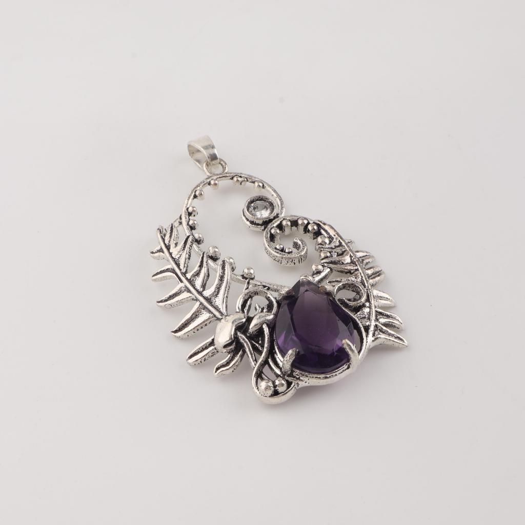 Natural Amethyst Gemstone Silver Unique Pendant 1.8" 925 Sterling Silver Jewelry For Anniversary Gift CP-42-17